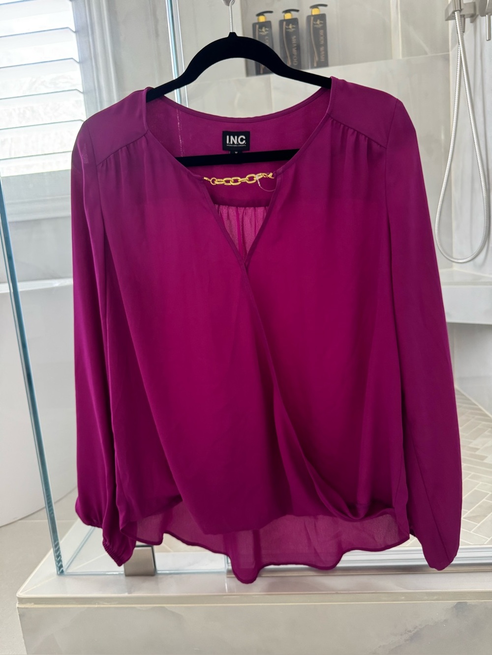 INC Women’s Fuchsia Long Sleeve Blouse Gold Chain Detail Size M